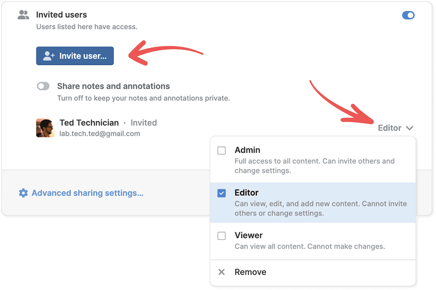 The sharing dialog’s Invited users section with arrows pointing to the “Invite user…” button and to a role dropdown open on Admin, Editor (ticked), Viewer and Remove, beside a “Share notes and annotations” toggle.